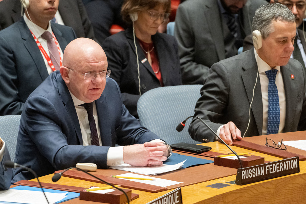 Vassily Nebenzia, Permanent Representative of the Russian Federation to the United Nations, addresses the UN Security Council meeting on threats to international peace and security.